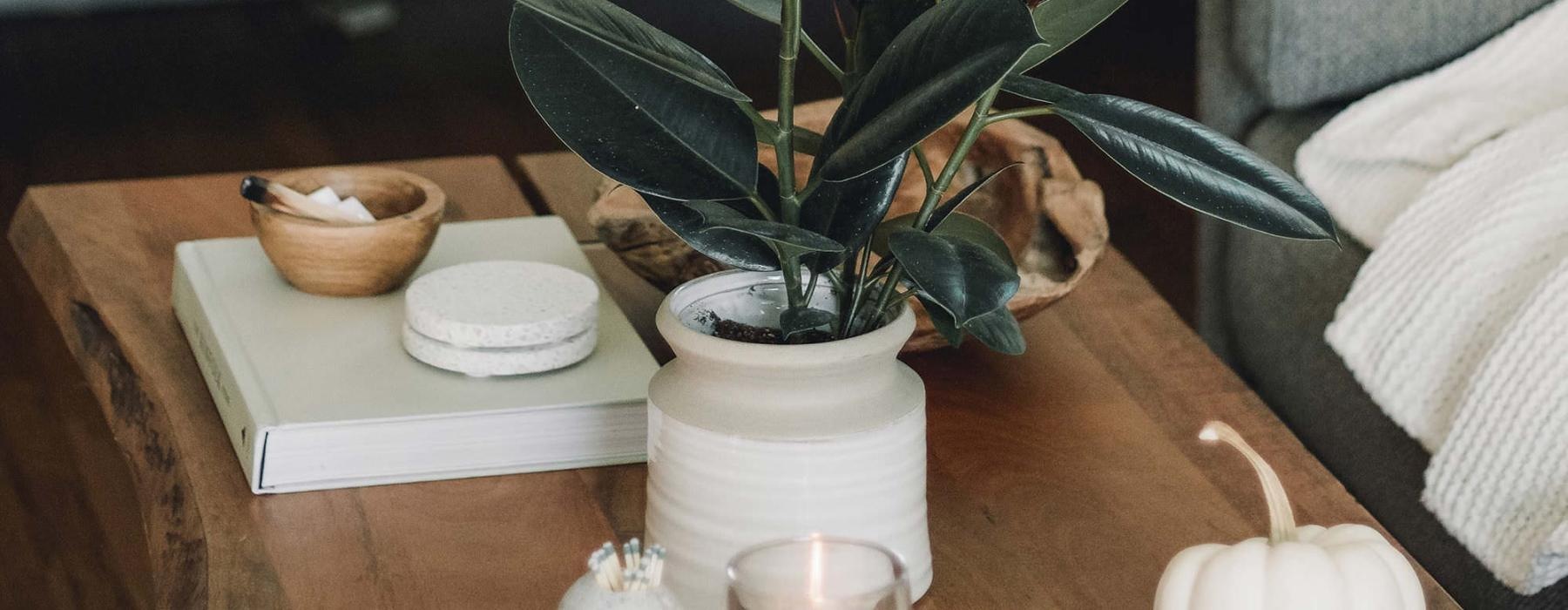 Beautiful living areas to match your lifestyle coffee table decorated with books, a potted plant, a candle and other knick-knacks
